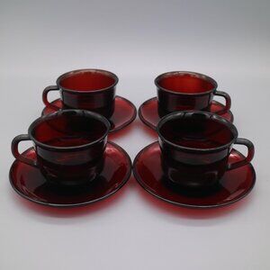 Vintage Circa 1970's Arcoroc Ruby Red Glass Coffee Tea Cup & Saucer Sets France